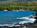 KAEHOU HARBOR - KONA, HAWAII - BOATS MOORED IN A TROPICAL PARADISE HARBOR