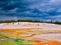 NORRIS GEYSER BASIN - THIS AREA OF YELLOWSTONE IS THE AREA WHERE THE MAGMA IS CLOSEST TO THE SURFACE - I LOVE THE OMINOUS SKY IN THIS PHOTO!